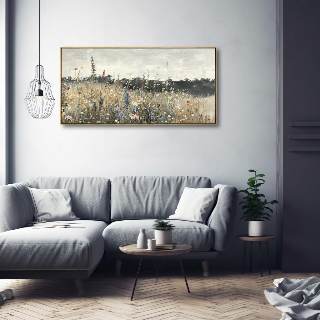 Solid wood Framed Canvas Wall Art Vintage Decor, Classical Oil Painting Canvas Prints Champ fleuri Vintage Wall Art for Home Room Bathroom Decor ( See the Picture for the size) (Little damaged)